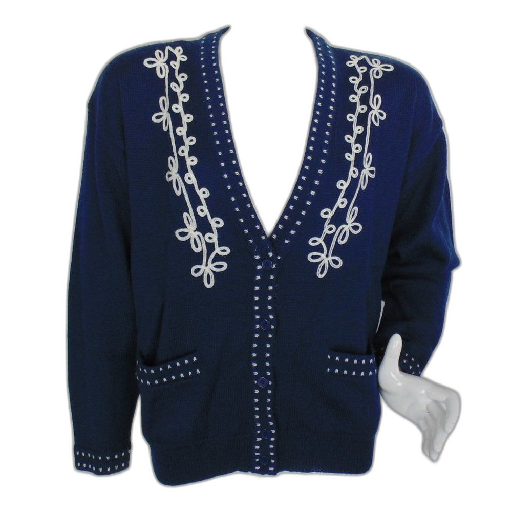 Vintage LEON LEVIN Sweater, M, Blue Wool Cardigan, Shoulder pads, Embroidered